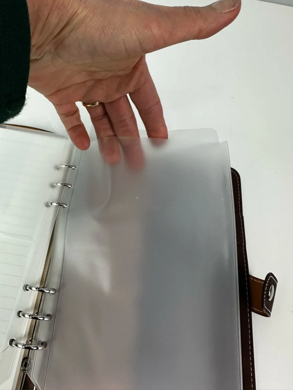 A5 Six Ring Soft Brown Coffee Colored Snap Closure Binder With Clear Pouches